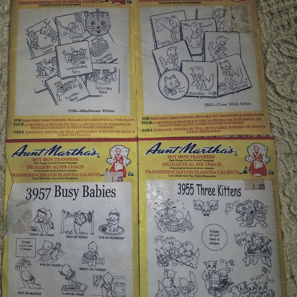 Aunt Martha's Iron On Kitty Transfers  4 pkgs